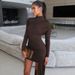 Women's 2025 Autumn New Fashion Slim Fit Round Neck Gathered Bodycon Ribbon Long Sleeve Dress Wholesale_ecoleips.com