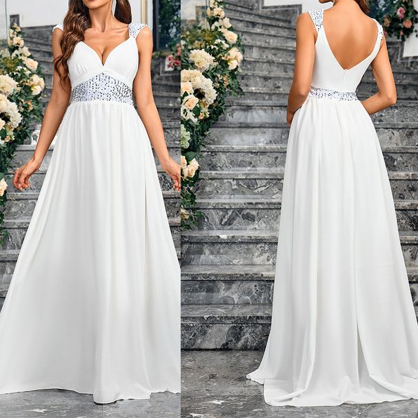 Women's Clothing fashion sequin contrast color stitching sexy suspenders banquet evening dress _ecoleips.com
