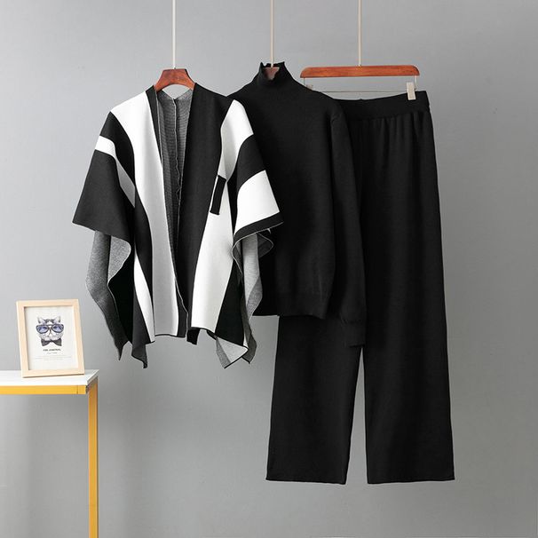 K New Color-block Fashion Knitted Suit With Shawl Round Neck Sweater Loose Wide-leg Pants Three-piece Set For Women_ecoleips.com