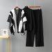 K New Color-block Fashion Knitted Suit With Shawl Round Neck Sweater Loose Wide-leg Pants Three-piece Set For Women_ecoleips.com