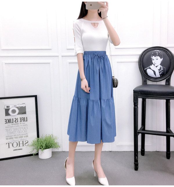 2025 Summer Korean Style High Waist Patchwork Midi Plus Size A-line Simple Pleated Umbrella Skirt_ecoleips.com
