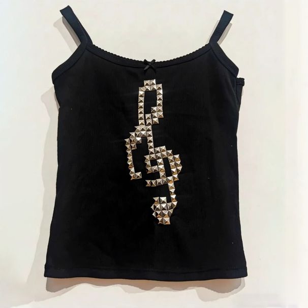 Women's Sexy Camisole Hot Fix Rhinestone European American Style Sleeveless Vest High Street Y2K Summer Top Cross Border Musical Note_ecoleips.com