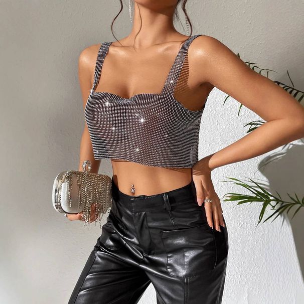Women's Clothing Nightclub Party Disco Sexy Metal Diamond Mesh Backless Tank Top_ecoleips.com