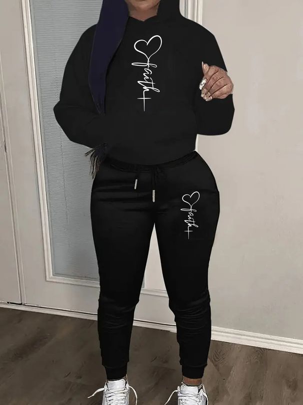 Women's Autumn And Winter Fashionable Casual Heart-shaped Cross Pattern Printed Thick Velvet Warm Hooded Sweatshirt+sports Pants Set-764_ecoleips.com