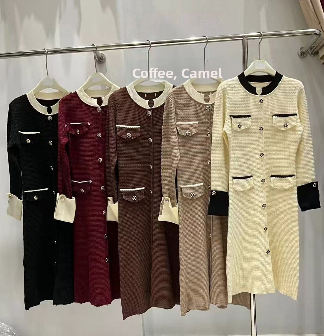 Black Knit Dress Color-Block Stand Collar Belted Midi Long Sleeve Women's Casual Dress For Autumn/Winter_ecoleips.com
