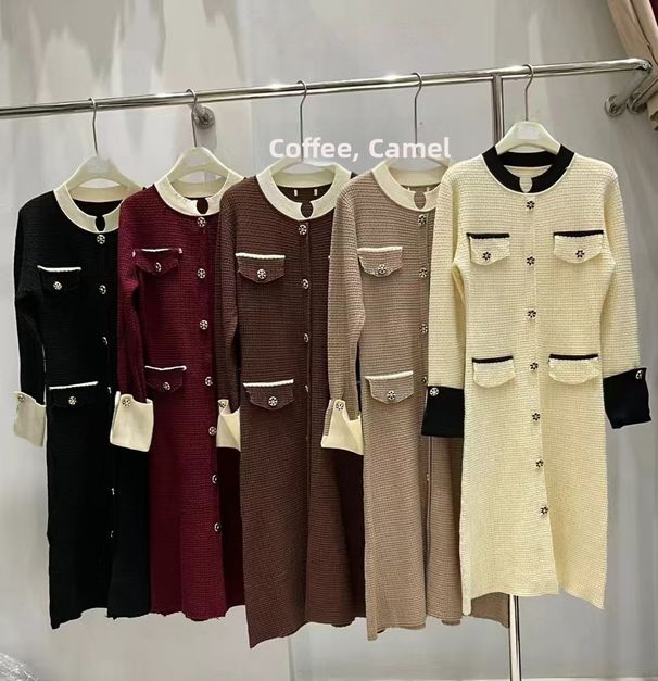 Black Knit Dress Color-Block Stand Collar Belted Midi Long Sleeve Women's Casual Dress For Autumn/Winter_ecoleips.com