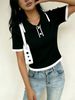 Women Ribbed Knit Polo Short Sleeve Top, Breathable Hollow Knit Shirt Soft Skin Friendly Loose Fit Blouse_ecoleips.com