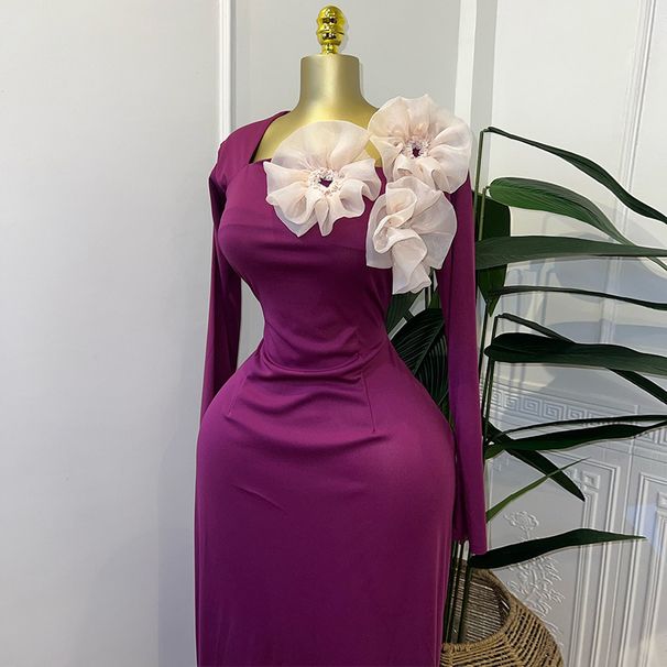 Women's Clothing Spring Temperament Elegant Square Collar Three Dimensional Flower Decoration High Waist Slim Hip Dress_ecoleips.com