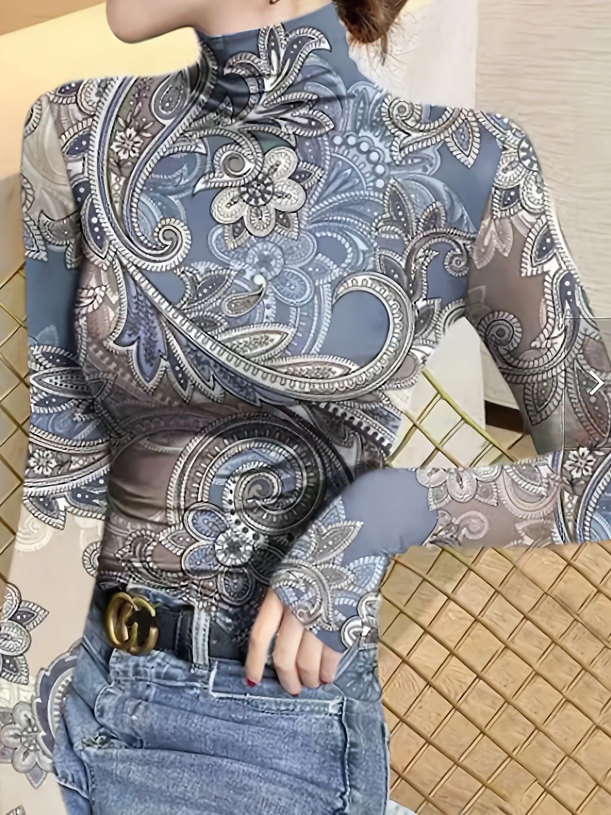 Spring Autumn Paisley Print High Neck Slim Fit Long Sleeve Base Layer Top for Women Hot Girl Style_ecoleips.com