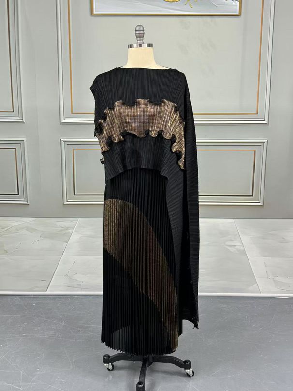 Fashion Suit Women's Long Skirt Pleated Skirt Irregular Splicing Top Two Piece Set_ecoleips.com