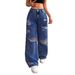 European And American Cross-border Foreign Trade Ripped Jeans, Washed High-waisted Straight-leg Versatile Slim-fit Denim_ecoleips.com