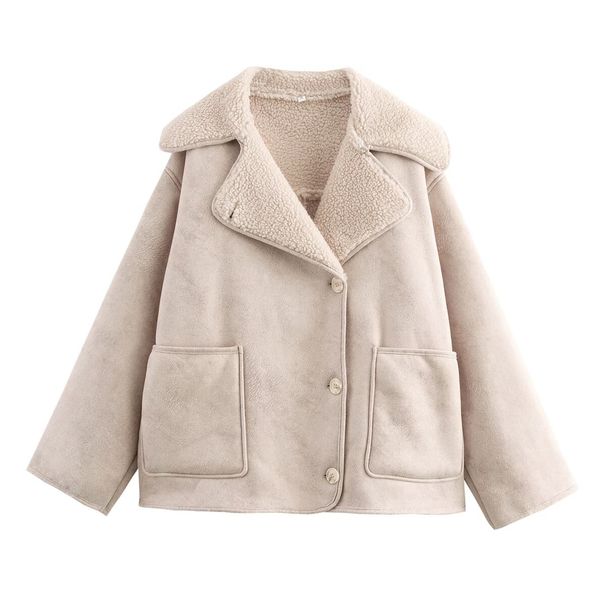 Women's Faux Fur Lined Reversible Stand Collar Long Sleeve Jacket - Winter Fashion Outerwear For Street Style (Black, Brown, Beige)_ecoleips.com