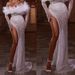 Luxury Wedding Dress Mermaid Strapless One Shoulder Feather Pearl Floor Length High Slit See Through Sexy Wedding Dress_ecoleips.com