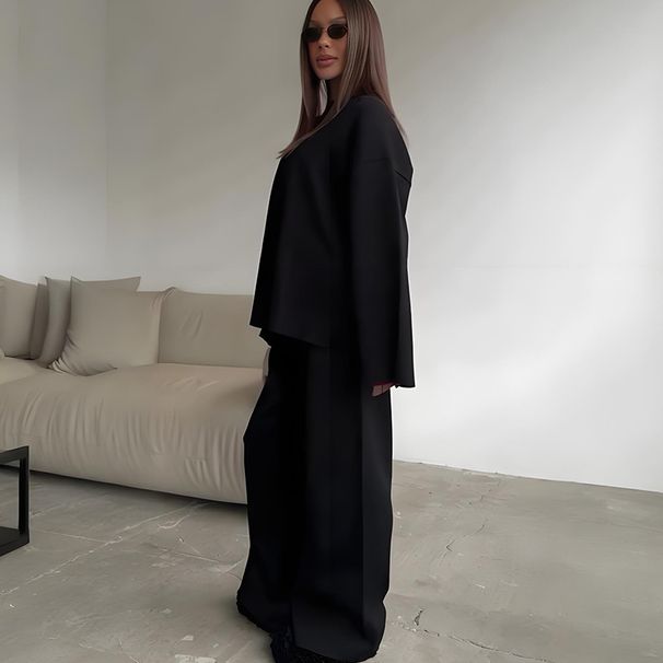 Women's Clothing Autumn New Solid Color Round Neck Lazy Casual Wide Leg Pants Sweater Suit Female_ecoleips.com