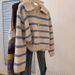 Women's Blue Striped Polo Neck Knit Sweater - Soft & Cozy Oversized Pullover For Autumn Winter, Casual Loose Fit Top For Layering_ecoleips.com