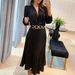 Women's Clothing Black Satin Long Sleeve Deep V Waist Pleated Dress No Belt_ecoleips.com
