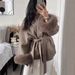 Women's Clothing Autumn And Winter Woolen Coat Short Coat Women's Cuffs Fur V Neck Lace Up Solid Color_ecoleips.com