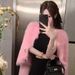 Faux Mink Cropped Cardigan – Plush Oversized V-Neck Button-Up Sweater (One Size, Long Sleeve, Soft Fluffy, Boho-Chic Layering Essential)_ecoleips.com