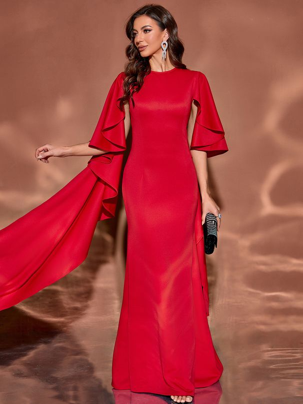 Vintage-Inspired Wine Red Evening Gown – Flared Sleeve Satin Banquet Dress With U-Neck & Bodycon Silhouette For Cocktail Parties, Wedding Receptions_ecoleips.com