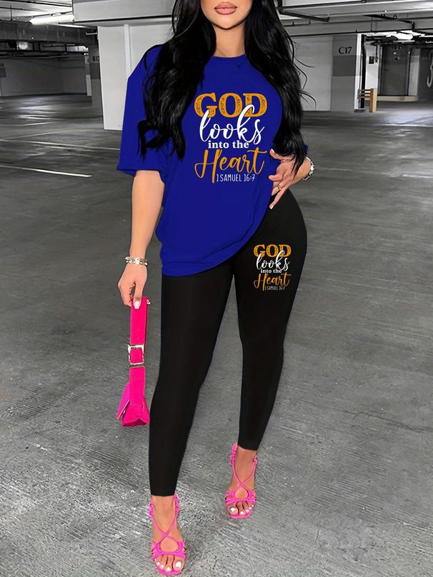 Women's Casual Fashion GOD Letter Pattern Printed Loose T-shirt+cropped Pants Two-piece Home Sportswear Daily Wear-207_ecoleips.com