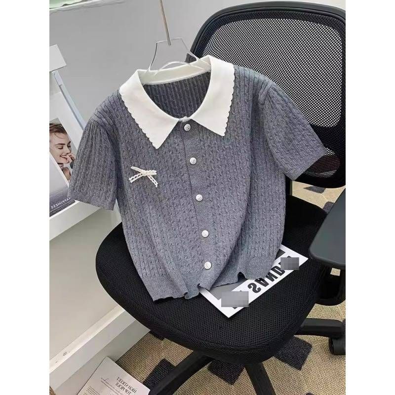 Women's French Peter Pan Collar Short Sleeve T-Shirt Summer Design College Style Short Knit Sweater With Bow_ecoleips.com