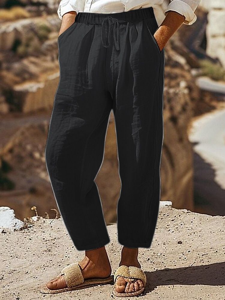 Women's Clothing Regular Drawstring Pocket Washed Cotton Casual Pants Multi Color Women's Trousers_ecoleips.com