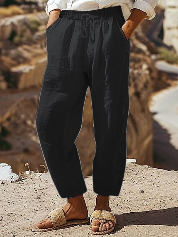 Women's Clothing Regular Drawstring Pocket Washed Cotton Casual Pants Multi Color Women's Trousers_ecoleips.com