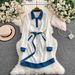 Celebrity Inspired Elegant Patchwork Denim Collared Dress, Perfect For Autumn And Winter, With A Belted Waist And Slit, Midi Length._ecoleips.com