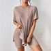 Women's Casual Solid Color Two Piece Set with Bat Sleeve round Neck T-Shirt And Tight Shorts Comfortable Slit Design_ecoleips.com