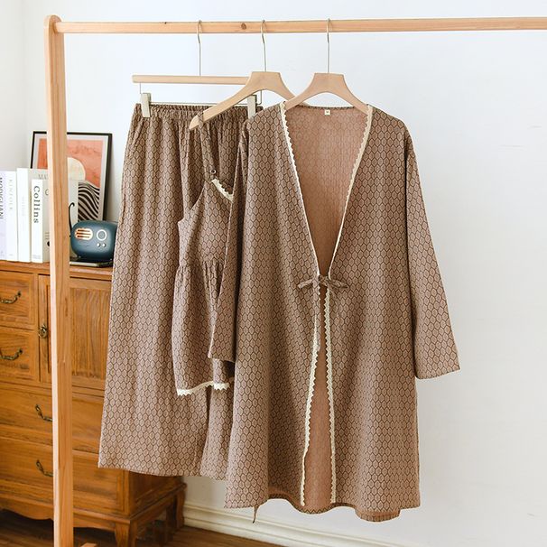 2023 Cotton Crepe Pajamas Women's Long-sleeved Robe + Halter Top + Pants Three-piece Set Suspenders With Breast Pads Pijamas_ecoleips.com