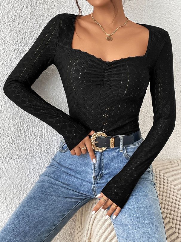 Voya Women's Fashion Casual Solid Color Polyester Square Collar Lace Long Sleeved Slim Fit T-shirt 2026 Black_ecoleips.com
