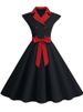 Notched Collar Vintage Solid Party Dresses Women Summer Sleeveless Belted Midi Swing Sundress_ecoleips.com