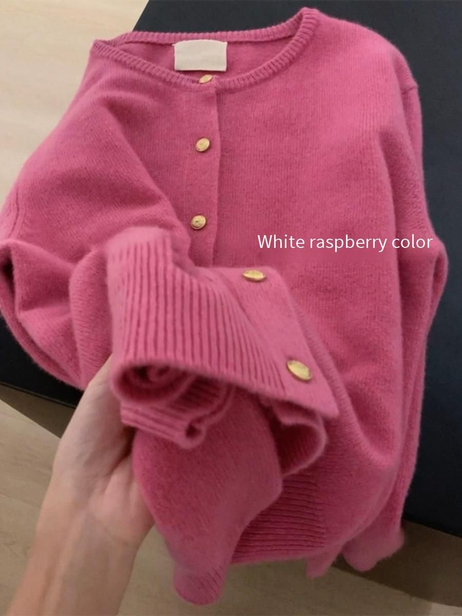 Women's Clothing Elegant Raspberry Gold-Button Wool Knit Cardigan - Soft & Cozy Women's Sweater Coat For Fall & Winter_ecoleips.com