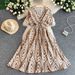 Women's French Style Crossover V Neck Dress Slimming Geometric Print Long Dress With Elastic Waist For Summer_ecoleips.com