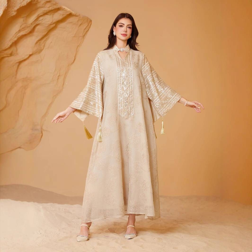 Muslim Mesh Embroidered Sequin Evening Dress, Arabic Dubai Abayas, Women's Long Robe, Elegant Party Wear, Traditional Fashion_ecoleips.com