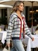 Grey Navy Stripe Heart Pit Rib Knit Hooded Cardigan, Loose Lightweight Breathable Soft Skin-touch Drawstring Button Jacket_ecoleips.com