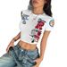 Women's Clothing Sporty Round Neck Cropped Shirt Short Sleeved Letter Badge Rabbit Print Top Street Style_ecoleips.com