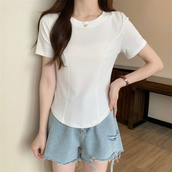 2025 Summer New Slim-fit Short-sleeved T-shirt Women's Clothing Design Short Pure Desire Irregular Hem Curved Top_ecoleips.com