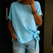 Women's Clothing Solid Color T-Shirt Short Sleeve Knotted Hem Loose Fit Summer Top_ecoleips.com