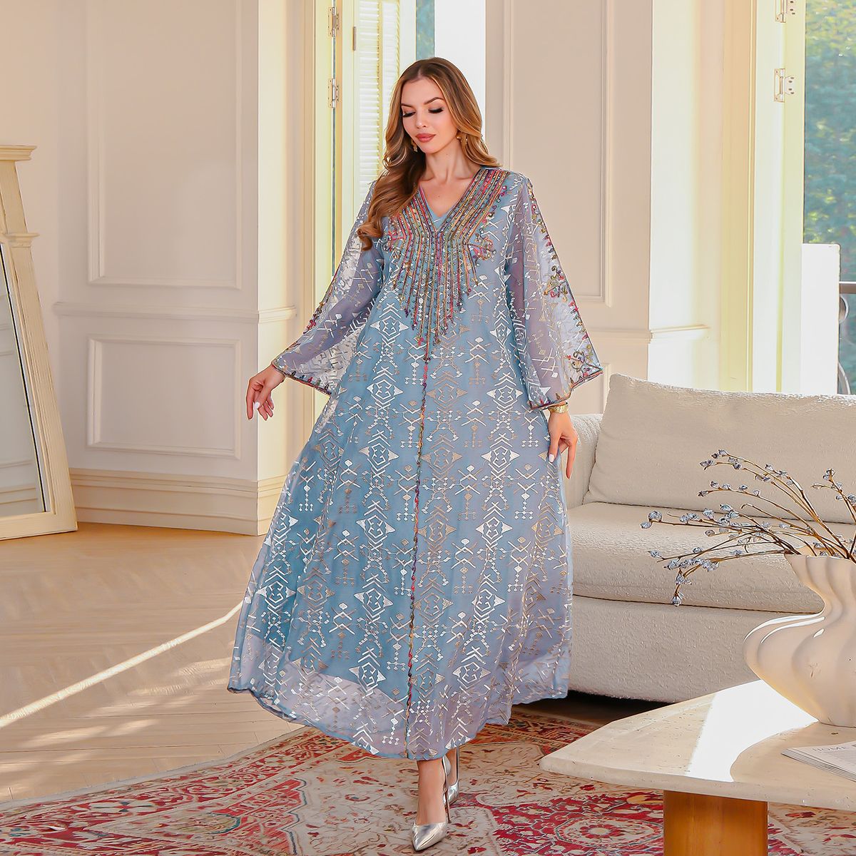Muslim Elegant Embroidered Dress Clothing Rope Embroidered Robe Abaya Ladies Long Skirt_ecoleips.com