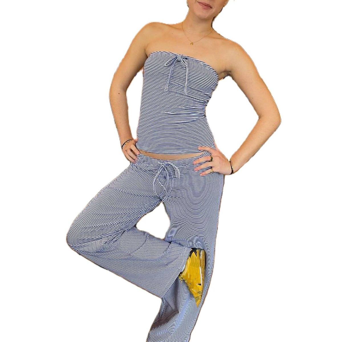 Women's Clothing Printed Casual Striped Knitted Top Lace Up Trousers Set_ecoleips.com