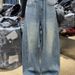 Plus Size Vintage Distressed Rhinestone Jeans For Women – Oversized Wide-Leg High-Waisted Denim Pants With Embellishments (Streetwear Style)_ecoleips.com
