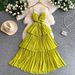 Women's French Style V-Neck Slip Dress Elegant Hollow Out Waist Cinching Slimming Pleated Long Skirt For Casual Elegant Fashion_ecoleips.com