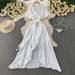 Vacation-Inspired V-Neck Maxi Dress With Waist Tie – Elegant Ruffle Hem & Side Slit, Flowy A-Line Dress For Women, Summer Boho Chic_ecoleips.com