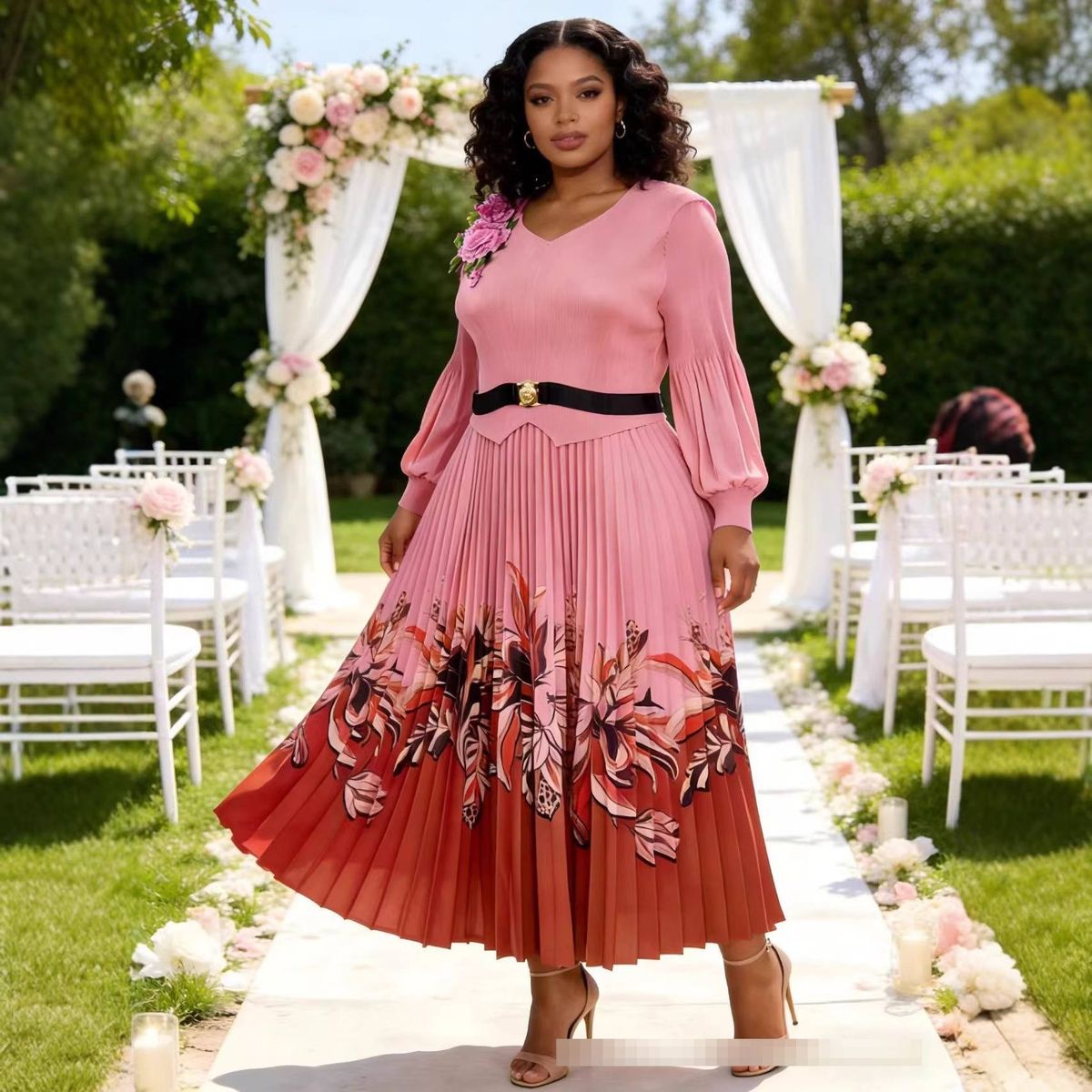 Elegant Pleated Floral Dress V Neck Lantern Sleeve Slim Fit plus Size Women's European American Style Printed Dress_ecoleips.com