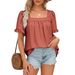 New European And American Style Cross-border Hot-selling T-shirt 2026 Summer Fashion Solid Color Square Neck Ruffled_ecoleips.com