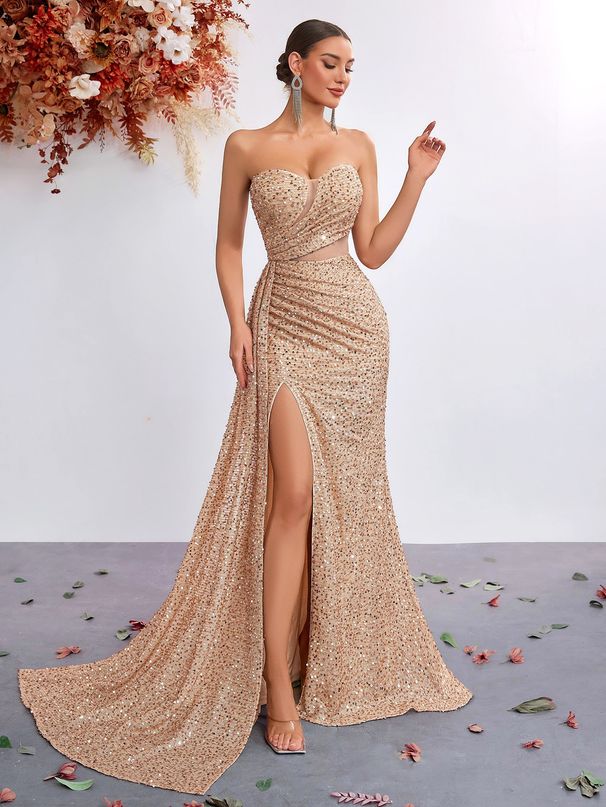 Light Luxury Sequin Strapless Sexy High Waist Slit Mermaid Evening Dress Banquet High-end Elegant Socialite Gown_ecoleips.com