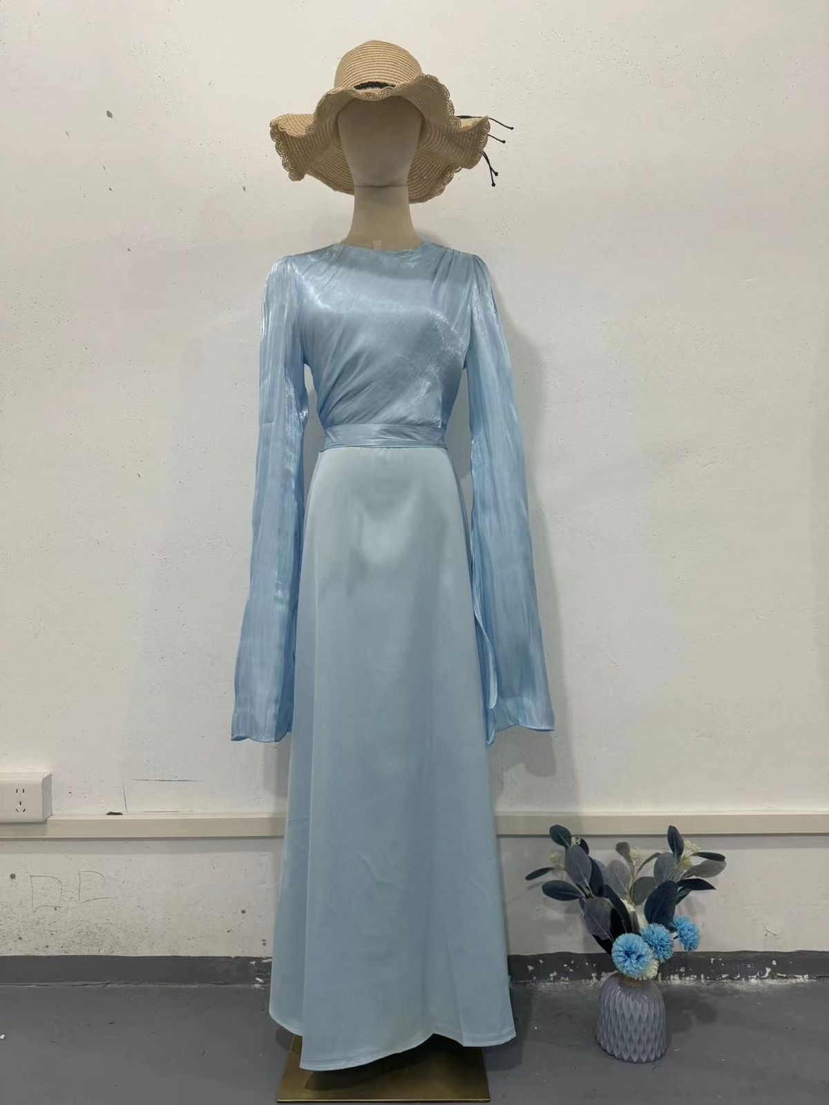 Women's Clothing Summer Spliced Organza Long Satin Slim Dress With Large Swing Sleeves_ecoleips.com