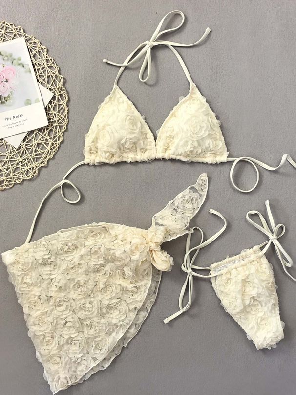 Women's Pink Floral Bikini Set Triangle Swimwear Strap Cross Style Bag Three Piece_ecoleips.com