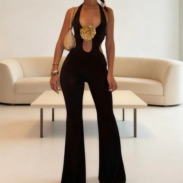 Halter Neck Jumpsuit – 3D Floral Cutout Romper With High Waist & Open Back (S-L, Black, Stretch Polyester Wide-Leg Pants For Streetwear & Clubbing)_ecoleips.com